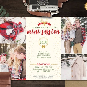 Könnte beinhalten: Ein Flyer, der eine Mini-Fotosession zum Thema Weihnachten für 100 € bewirbt. Der Flyer zeigt ein rotes und schwarzes Karoband, eine dreiköpfige Familie in Winterkleidung und einen weißen Mantel, der an einem Ast hängt. Der Flyer enthält den Text "It's time for holiday mini session", "100 €", "40 min. Sessions", "15 bearbeitete Bilder", "Fotodruckfreigabe", "10% Rabatt auf Fotoalbum", "JETZT BUCHEN!", "NOV 25th - DEC 25th", "info@yourstudiophoto.com", "ph: +1234.5678", "YOUR STUDIO PHOTOGRAPHY" und "www.yourstudiophoto.com".
