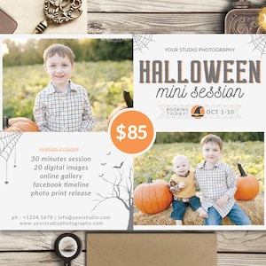 Op de afbeelding: Een witte flyer met een oranje cirkel waarop € 85 staat. De flyer adverteert een Halloween mini fotosessie. De tekst zegt "Your Studio Photography" en "Halloween mini session". De flyer zegt ook "Booking Today!" en "Oct 1-10".
