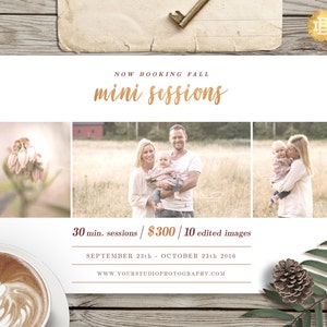 Könnte beinhalten: Ein Flyer, der Herbst-Mini-Fotoshootings für 300 € bewirbt. Der Flyer zeigt ein Foto einer Familie auf einem Feld und den Text "NOW BOOKING FALL mini sessions 30 min. sessions / 300 € / 10 bearbeitete Bilder SEPTEMBER 23. - OKTOBER 23. 2016 www.YOURSTUDIOPHOTOGRAPHY.COM"