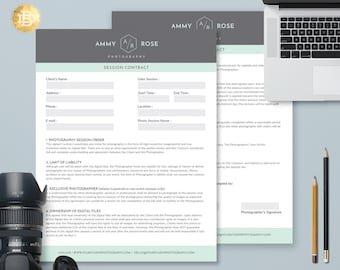 Könnte beinhalten: Eine hellgrüne und graue Vorlage für einen Fotovertrag mit dem Text "Session Contract" in einem hellgrünen Kasten. Der Vertrag enthält Abschnitte für Kundeninformationen, Datum und Uhrzeit der Sitzung, Fotoauftragsbestätigung, Haftungsbeschränkung, exklusiven Fotografen, Eigentumsrechte an digitalen Dateien und die Unterschrift des Fotografen.