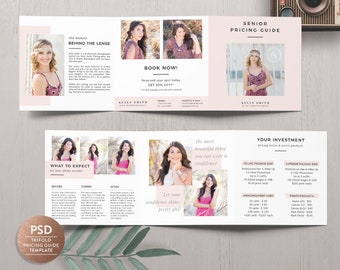 May include: A trifold brochure for senior portrait photography services. The brochure features a pink and white color scheme with images of young women. The text on the brochure includes the photographer's name, pricing information, and a description of the services offered. The brochure also includes the text "Let your confidence shine, pretty girl!" and "The most beautiful thing you can wear is confidence."