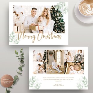 Peut inclure: Un mod&egrave;le de carte de No&euml;l avec un collage de photos de famille et un motif floral aquarelle vert et blanc. La carte comprend le texte "Joyeux No&euml;l" et un message de v&oelig;ux de f&ecirc;tes.
