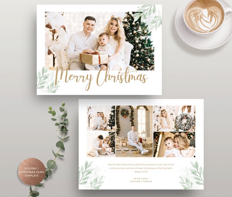 Peut inclure: Un mod&egrave;le de carte de No&euml;l avec un collage de photos de famille et un motif floral aquarelle vert et blanc. La carte comprend le texte "Joyeux No&euml;l" et un message de v&oelig;ux de f&ecirc;tes.