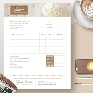 May include: A beige and white invoice receipt form with a floral design at the top. The form includes fields for product/service, quantity, price, amount, subtotal, tax, deposit, and balance. The form also includes contact information for the business, Your Studio Photography.