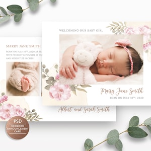 Modèle de faire-part de naissance, conception de carte de naissance bébé garçon fille, modèle Photoshop pour faire-part de naissance - TÉLÉCHARGEMENT IMMÉDIAT - BA003