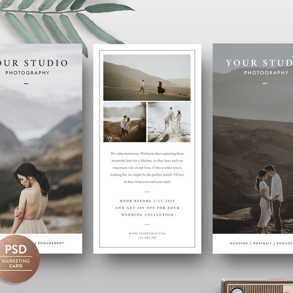 Wedding Photography Marketing Cards Photoshop Template, 4x8 Promo Card, Rack Card Template for Photographer - INSTANT DOWNLOAD RC001