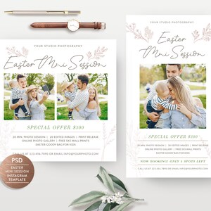 May include: A white and green Instagram template for an Easter mini photo session. The template features a floral design and a photo of a family with a child. The text on the template reads "Easter Mini Session" and "Special Offer $300".