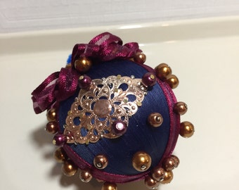 Handmade, Victorian, silk, Christmas ornaments. Vintage, silk, beaded, pearl ornaments. Tree trimming Christmas ornaments. Holiday ornaments