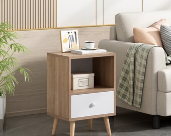 Set of 2 Modern Wood Nightstand, Bedside Table with 1 Drawer, End Table with Open Shelf and Solid Wood Legs for Home Bedroom