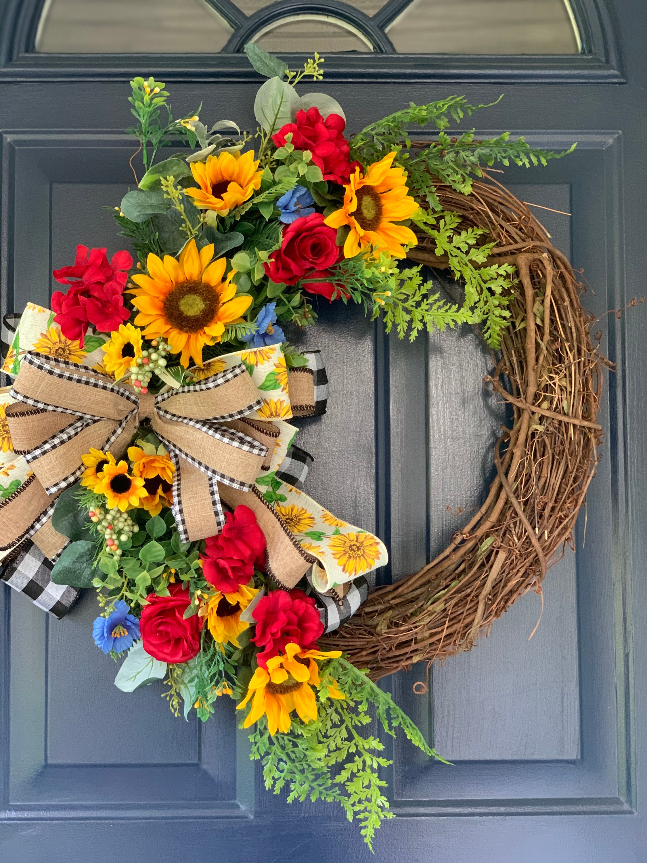 Sunflower Red Roses wreath Grapevine wreath Farmhouse Etsy