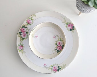 Vintage Chips and Dip Dish | Hand painted Nippon | Tiered Serving Tray with Bowl | Pink Roses China Serving Entertaining Shower