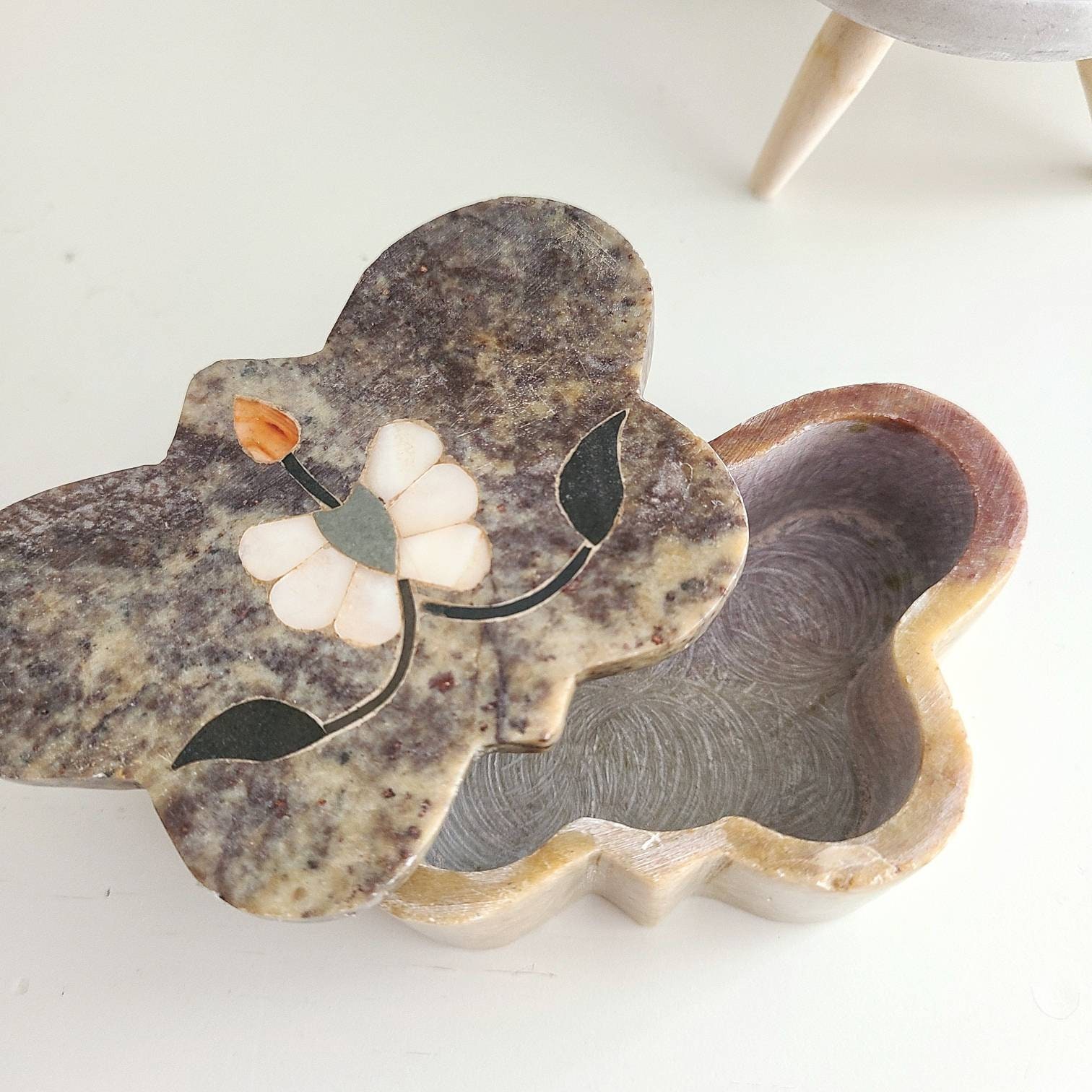 Vintage Soapstone Stone inlaid Butterfly Trinket Box Carved Etsy