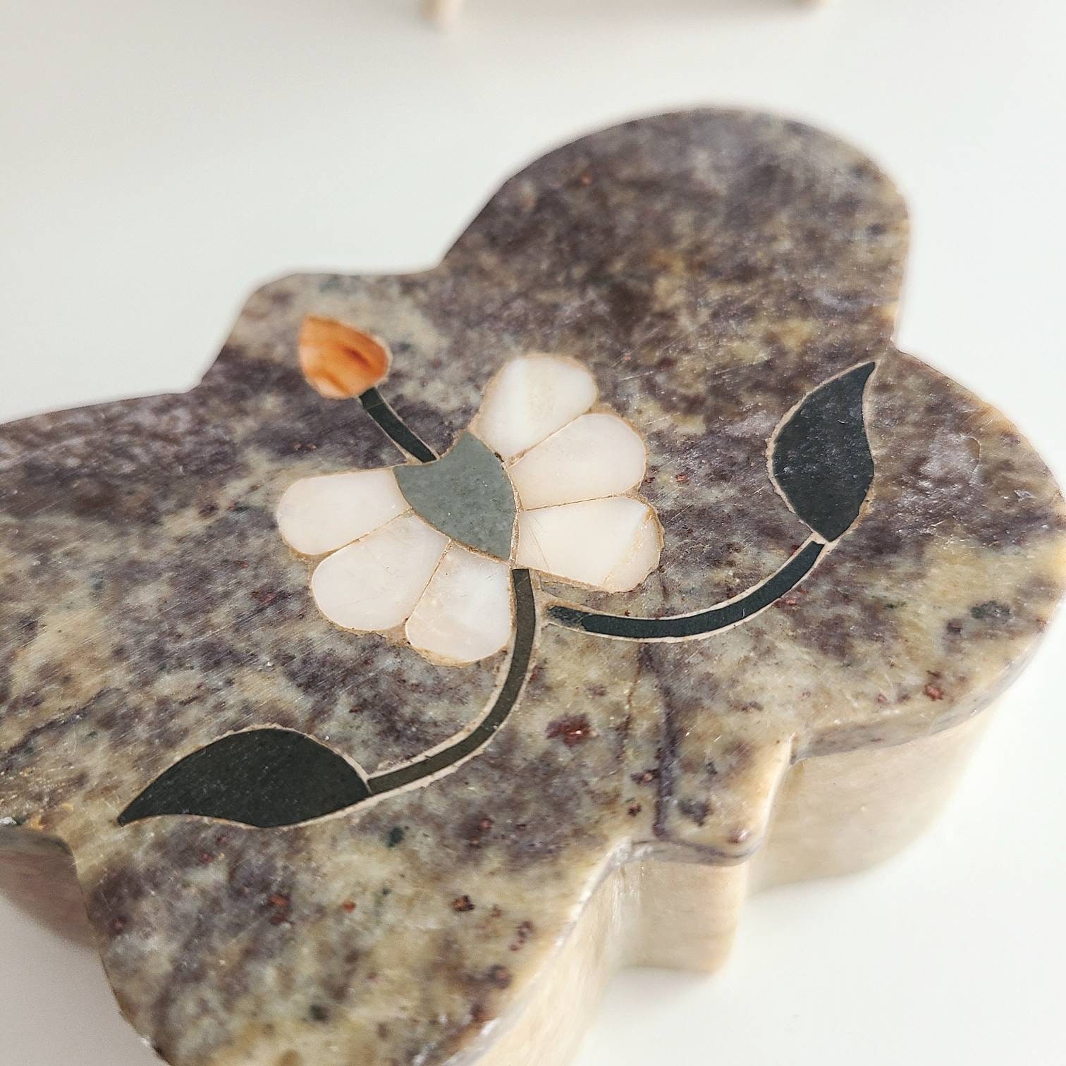 Vintage Soapstone Stone inlaid Butterfly Trinket Box Carved Etsy