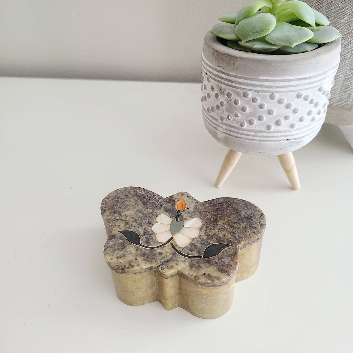 Vintage Soapstone Stone inlaid Butterfly Trinket Box Carved Etsy