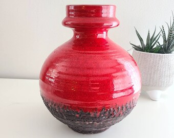 Red Lava Vase | Mid Century Modern Art Pottery Vase | Red and Black German Vase