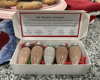 Set of 5 hot chocolate filled ornaments; secret santa; Santa gram; teacher gift; hot chocolate lover; hostess gift; stocking stuffer