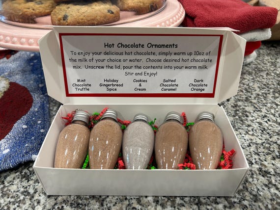 Set of 5 hot chocolate filled ornaments; secret santa; Santa gram; teacher gift; hot chocolate lover; hostess gift; stocking stuffer