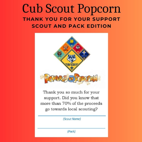 Cub Scout Popcorn "Thank You for Your Support" Card - Scout and Pack Edition