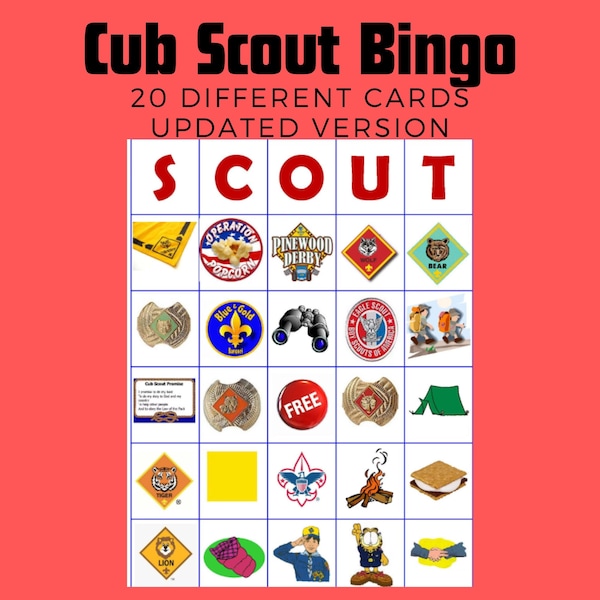 20 Card Cub Scout Bingo - 2023 version now includes scouting for food, BSA logo, venturing, sea scouts