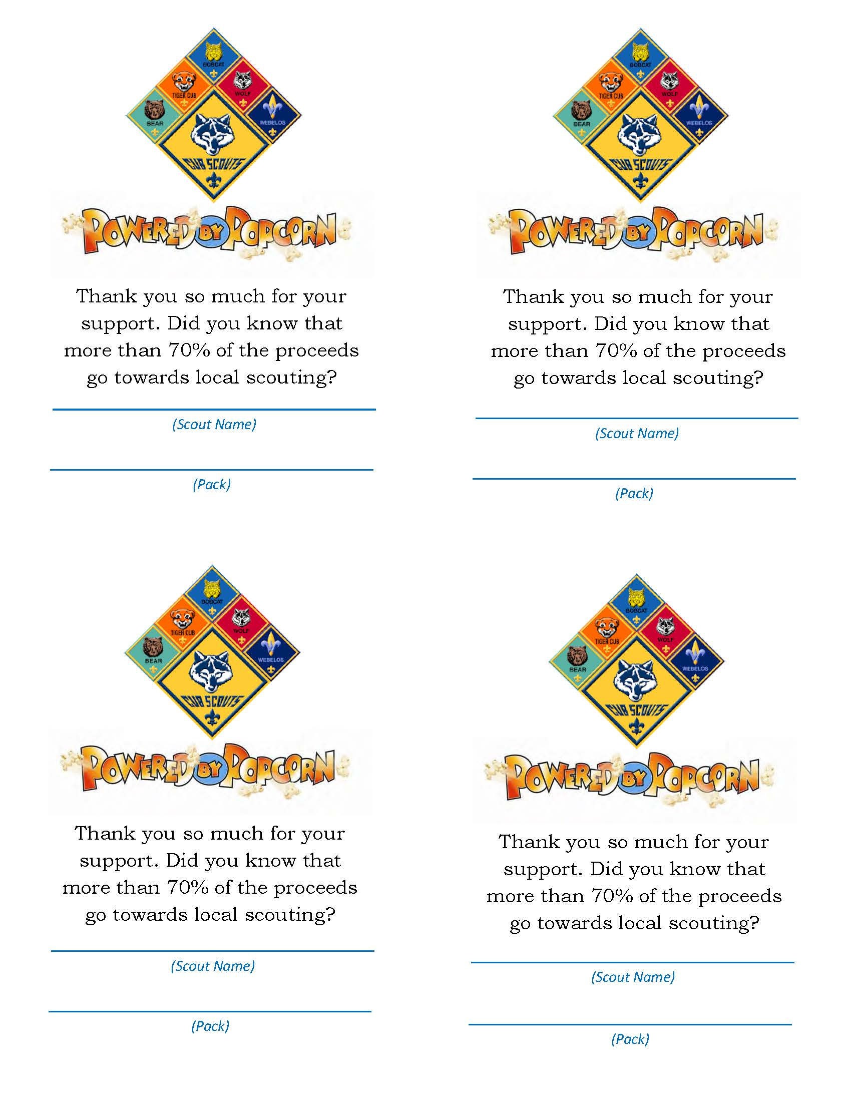 Cub Scout Popcorn thank You for Your Support Card Scout and Pack Edition Etsy