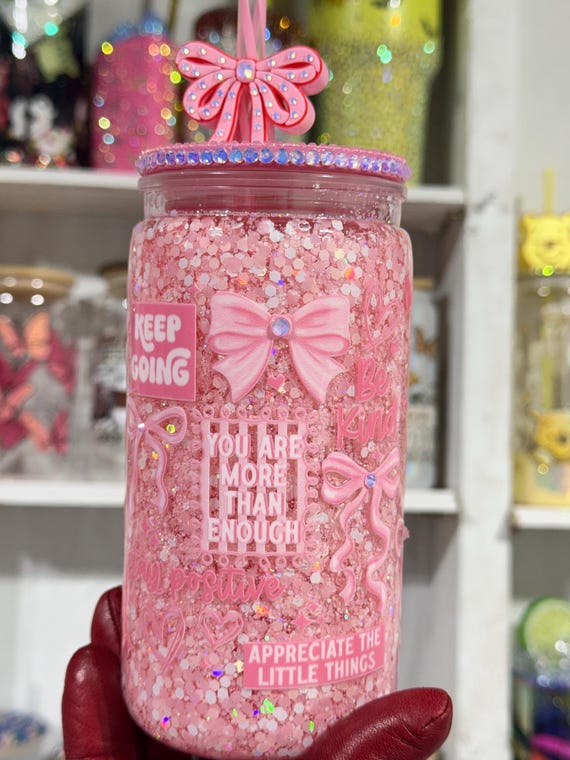 Glitter tumbler, snow globe cup, rhinestones cup, you are enough, motivational cup, love pink, custom cups, coquette