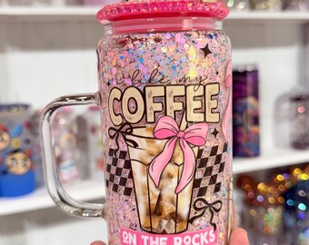 Coffee On The Rocks, Snow Globe Glass Mug 16oz, Pink Glitter Coffee Cup, Rhinestone Lid,  Iced Coffee Lover Gift