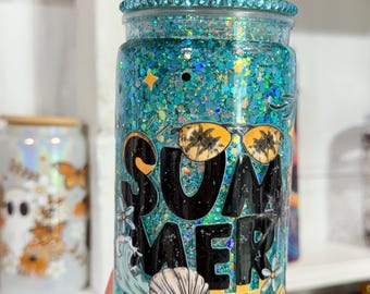 Glitter tumbler, snowglobe cup, summer vibes, beach lover, rhinestones cup, Summer cup, custom cups, Acrylic glitter cup
