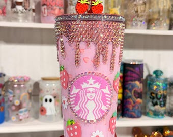 Strawberry cup, glitter tumbler,cute strawberry rhinestone, personalized glitter cup, snow globe cup, strawberry floral cup,strawberry straw