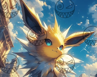 Lámina artística de anime de Jolteon: Decoración para habitación gamer (Descarga digital)