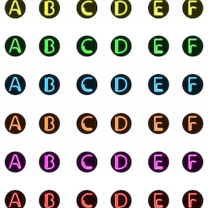 May include: A set of 36 neon alphabet letter stickers in various colours, including purple, yellow, green, blue, orange, pink, red, and grey. Each letter is outlined in white and set against a circular background.