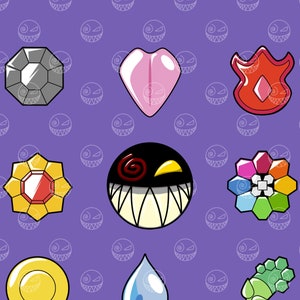 May include: Nine colorful badges with different shapes and designs. The badges are on a purple background with a repeating pattern of white smiling faces.