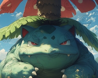 Impresión artística de IA - Venusaur: Sapo de hierba relajante, decoración gamer (descarga digital)