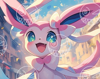 AI - Eeveelution - Sylveon - Anime Art, Bedroom Art, Gamer Home Decor, Printable Wall Art, fairy Eevee
