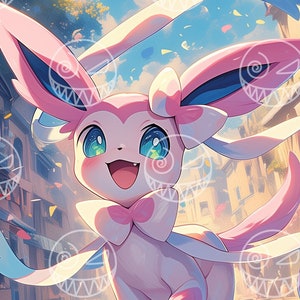 AI - Evolilösung - Sylveon - Anime Kunst, Schlafzimmer Kunst, Gamer Wohndekor, druckbare Wandkunst, Fee-Eevee