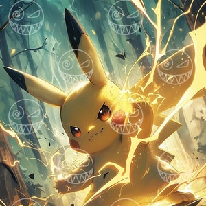 Pikachu Thunderbolt Anime Art Print: Gamer Home Decor (Digital Download)