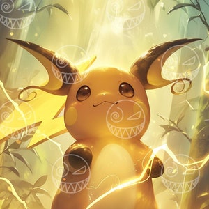 May include: A yellow and brown Pokemon character, known as Pikachu, is surrounded by yellow lightning bolts. The character is standing on a rock in a forest setting.