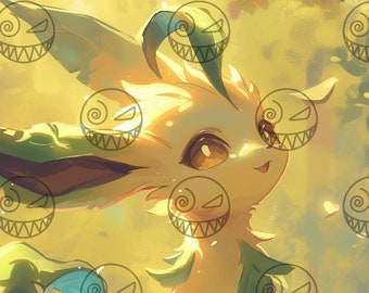 Eeveelution - Leafeon - Anime Art, Bedroom Art, Gamer Home Decor, Printable Wall Art, grass Eevee