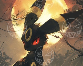 AI - Eeveelution - Umbreon - Anime Art, Bedroom Art, Gamer Home Decor, Printable Wall Art, dark Eevee