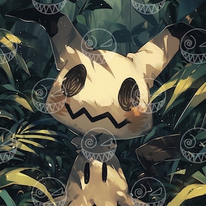 May include: A white, cartoon-like creature with a large, round head and a small, pointed body stands in a lush, green forest. The creature has large, black eyes and a wide, toothy grin. The forest is filled with tall, green plants and trees.