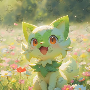 KI - Pokemon Poster - Sprigatito - Anime Kunst - Gamer Wohnkultur - Druckbare Wandkunst - Blatt Katzen Pokemon