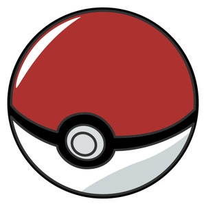 May include: A red and white Poke Ball with a black band and a small gray circle in the center.