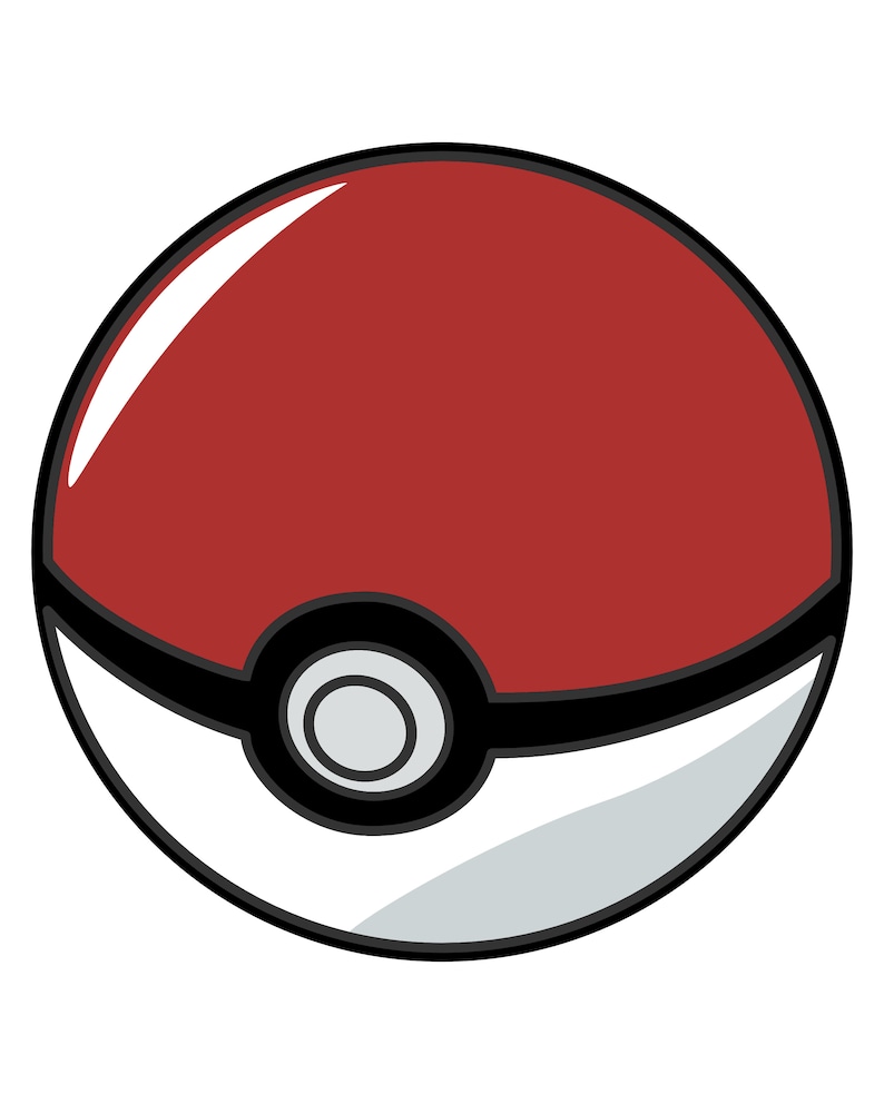 May include: A red and white Poke Ball with a black band and a small gray circle in the center.