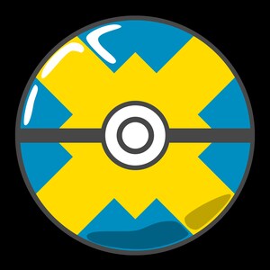 May include: A yellow and blue Poke Ball with a white circle in the center. The Poke Ball is a common item in the Pokemon video game franchise.