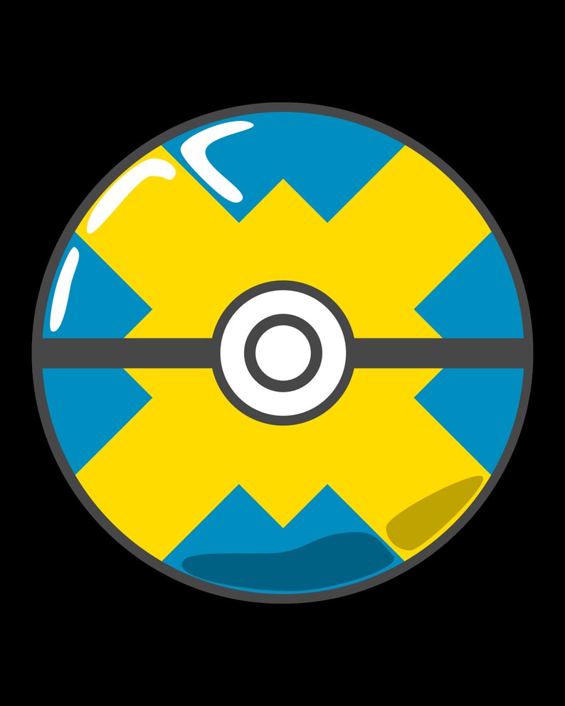 May include: A yellow and blue Poke Ball with a white circle in the center. The Poke Ball is a common item in the Pokemon video game franchise.