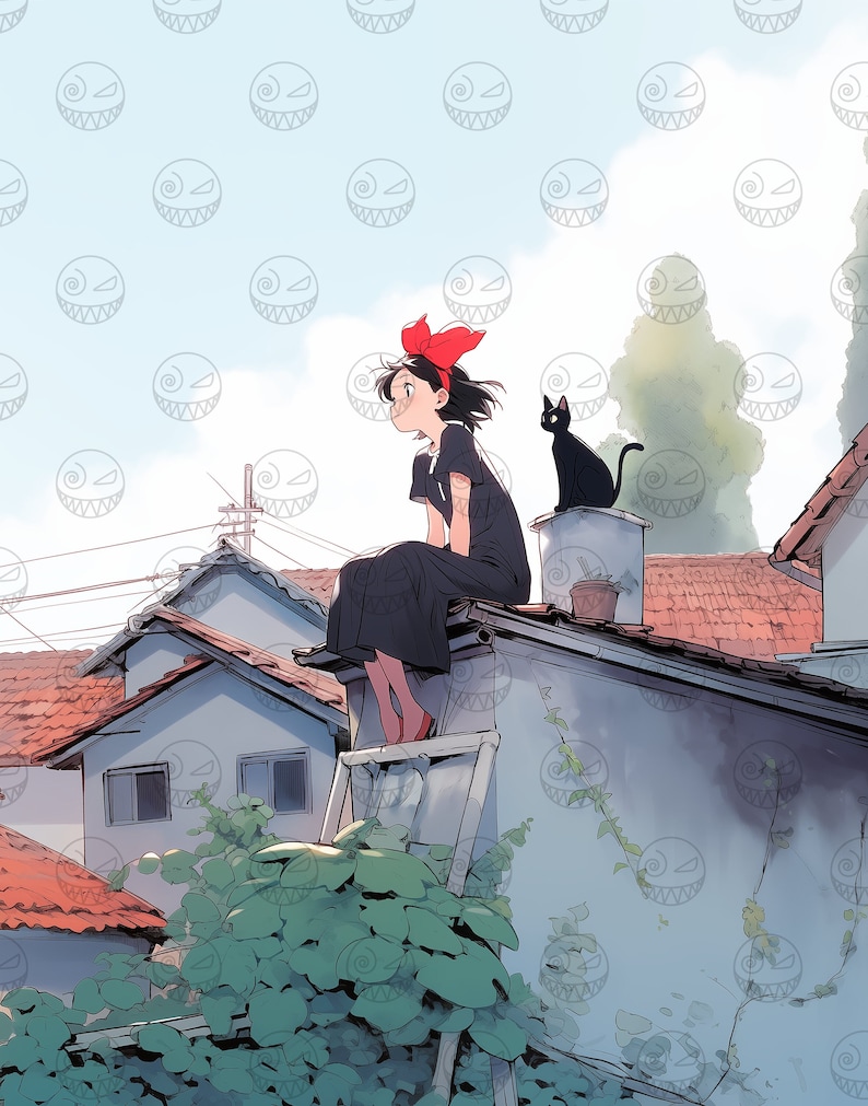 Puede incluir: Una joven con el pelo negro corto y un lazo rojo se sienta en una azotea con un gato negro. La ni&ntilde;a lleva un vestido negro y zapatos rojos. La azotea est&aacute; hecha de hormig&oacute;n y tiene una peque&ntilde;a planta en maceta. El fondo es un cielo azul con nubes blancas.