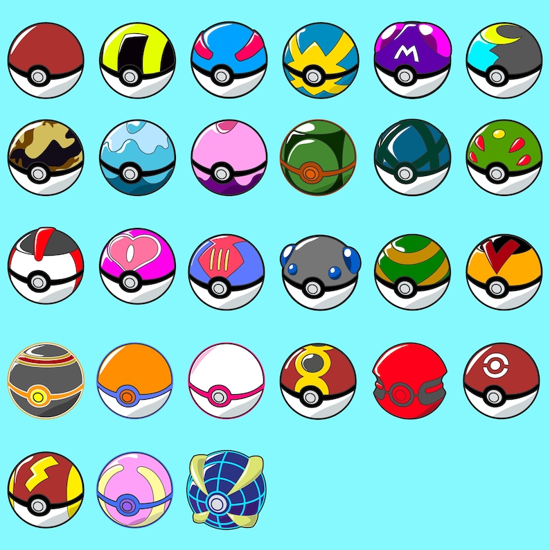 May include: A collection of 36 colorful Poke Balls with various designs, including a heart, a lightning bolt, and a star. The Poke Balls are arranged in a grid pattern on a light blue background.