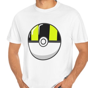May include: A white t-shirt with a black and yellow Poke Ball graphic.