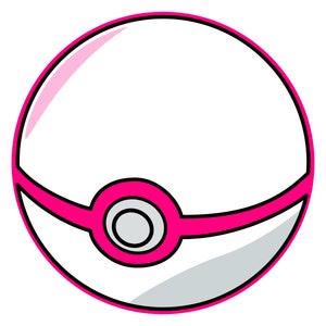 May include: A white and pink Poke Ball with a black outline and a gray button in the center.