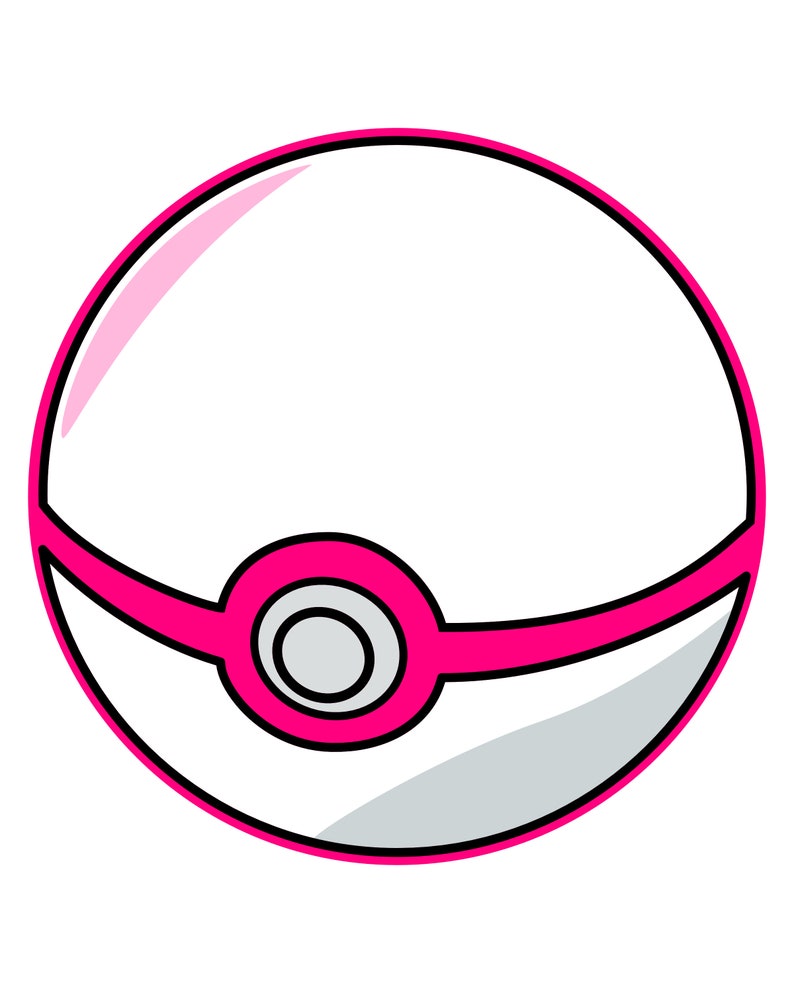 May include: A white and pink Poke Ball with a black outline and a gray button in the center.
