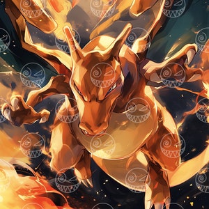 May include: A fiery orange and gold Pokemon, Charizard, with large wings, is flying through the air. The background is a blur of orange and yellow flames.